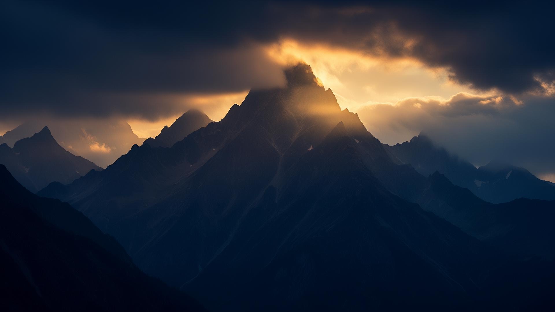 Mountain peak with sunrise breaking through clouds